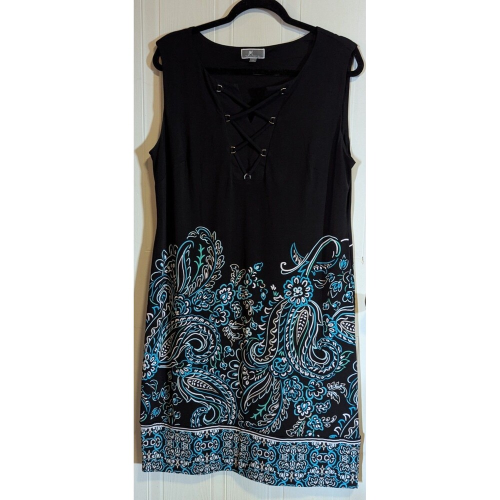 JM Collection Paisley Shift Dress Black Blue White V-Neck Sleeveless Knee L